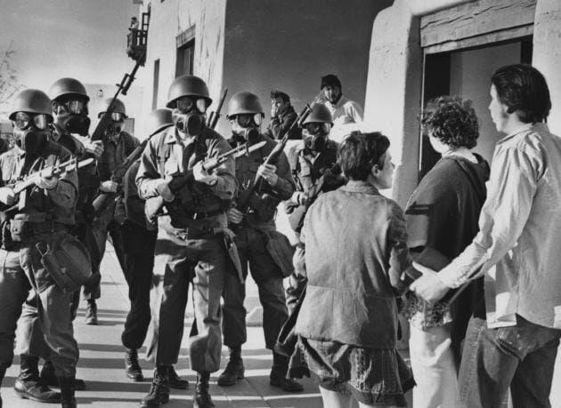 The Kent State shooting was the proximate cause, but the Vietnam War protest and counter-demonstration at the University of New Mexico was comparably violent. 11 people were stabbed with  New Mexico Army National Guard bayonets during the melee.
