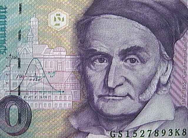 Carl Friedrich Gauss, who discovered the normal distribution, honored on the 10-Deutsche Mark.