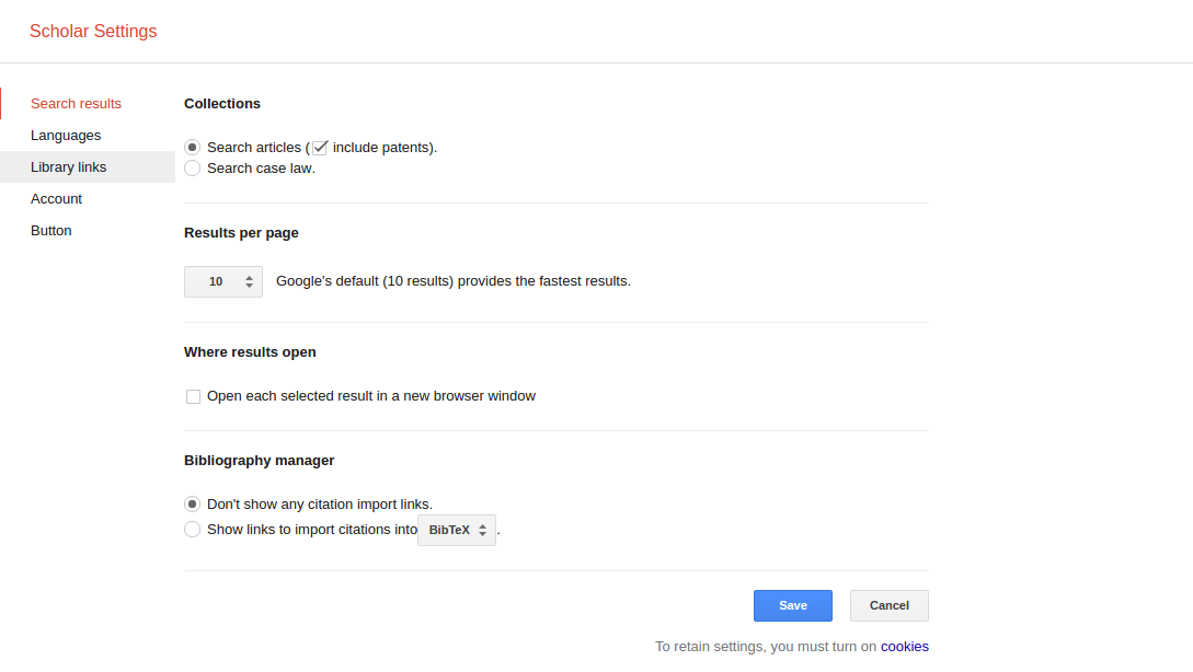 Google Scholar's settings