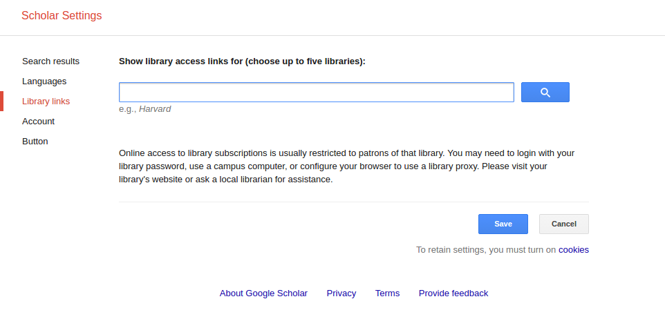 Google Scholar's library links settings