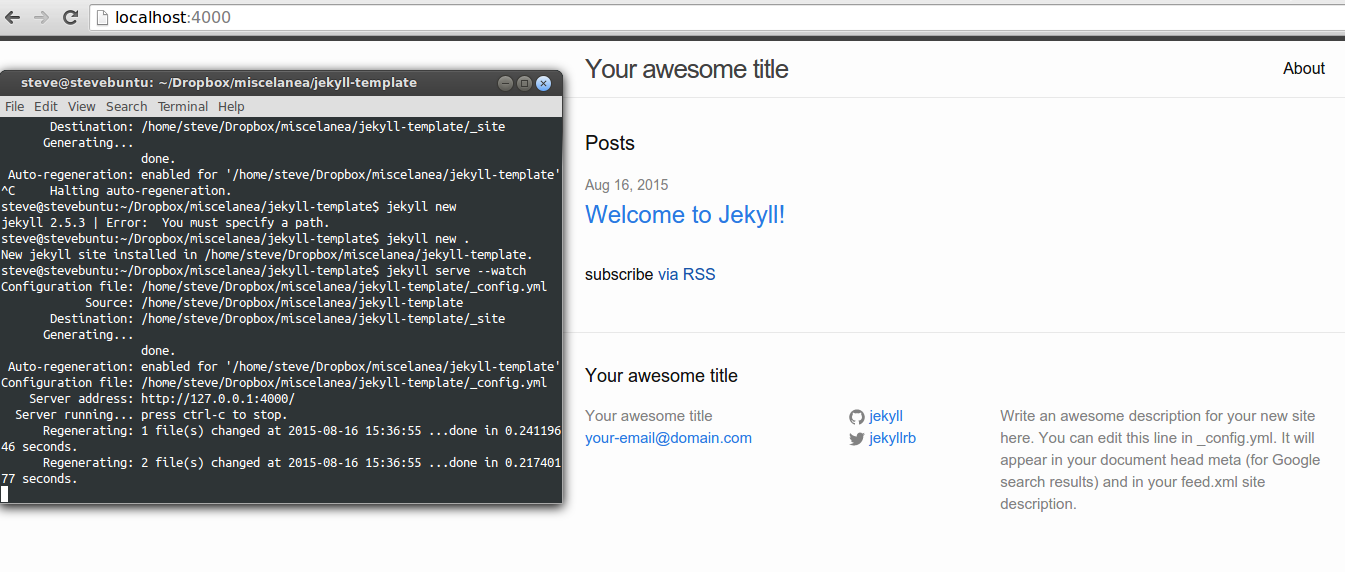 A default Jekyll site (with accompanying terminal commands).