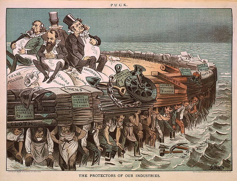 Bernhard Gilliam's 'Protector of our Industries' (1883) is one of many political cartoons of this time decrying the Gilded Age in the United States.